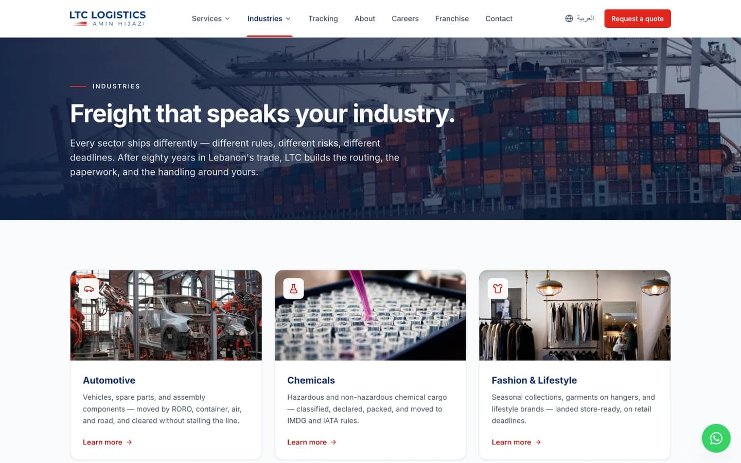 LTC Logistics website industries page